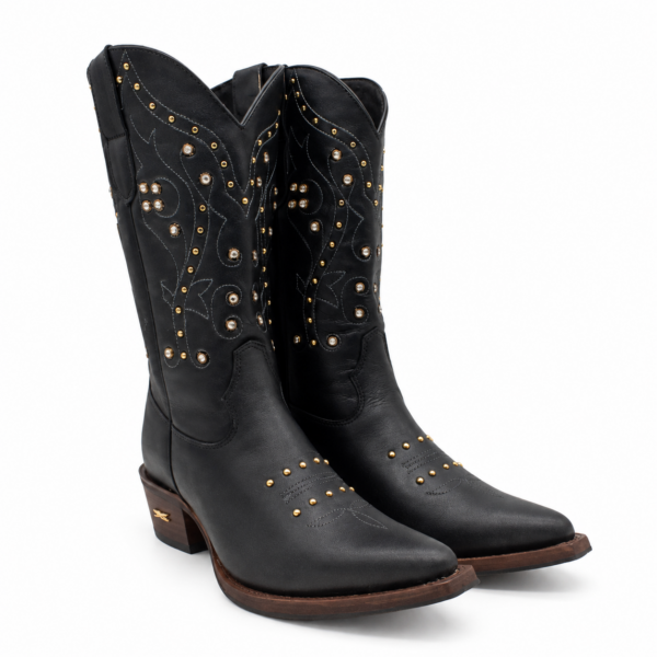 Bota Country Feminina Jácomo Bico Fino em Couro Fossil Oil Preto 90381/TBQC